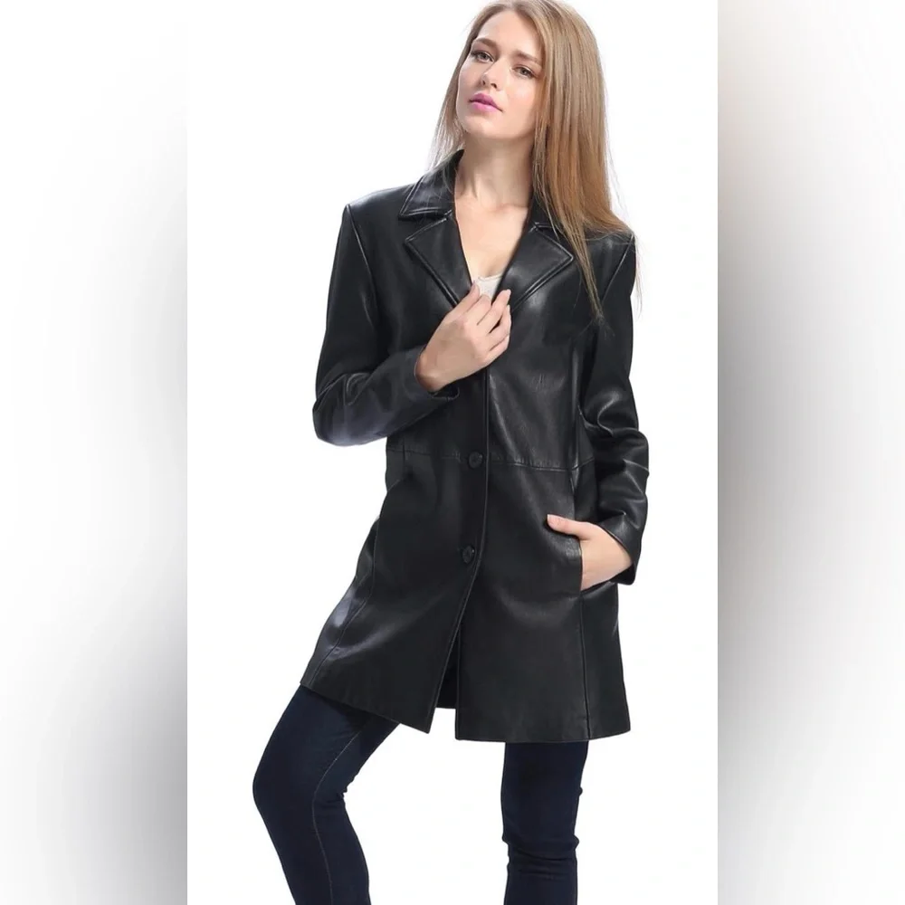 BGSD Women Danielle Black 100% Lambskin Leather Walking Button Up Coat - Picture 2 of 15